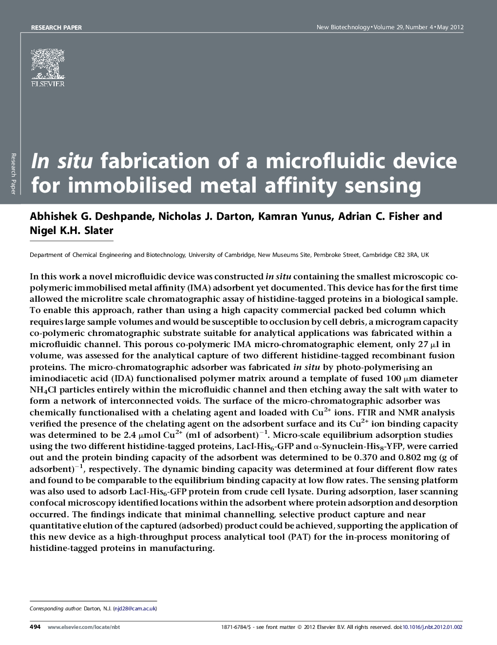 In situ fabrication of a microfluidic device for immobilised metal affinity sensing