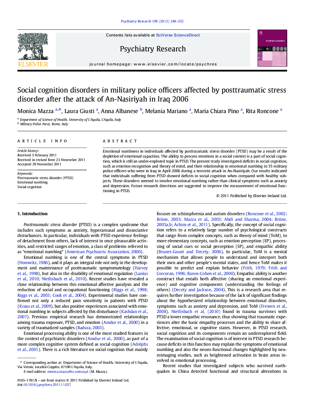 Social cognition disorders in military police officers affected by posttraumatic stress disorder after the attack of An-Nasiriyah in Iraq 2006