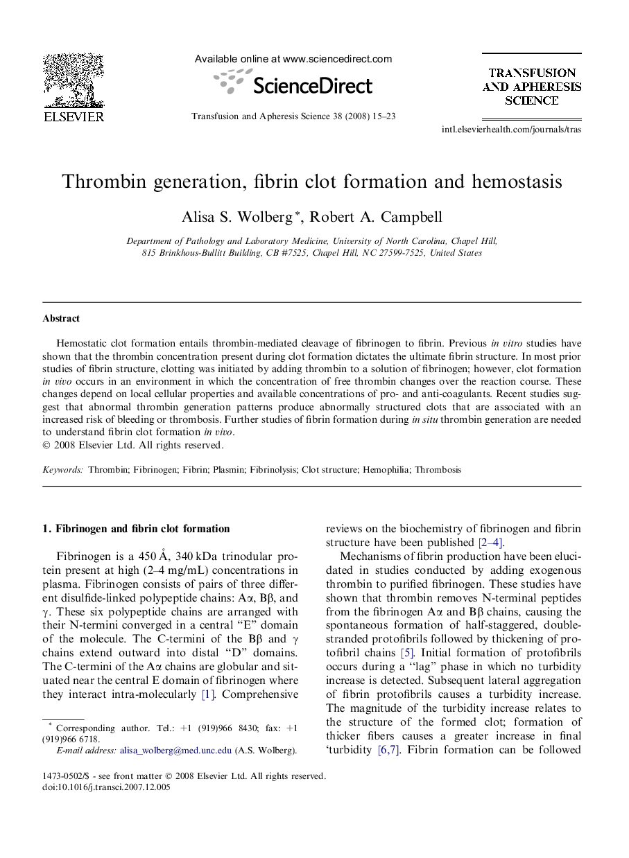 Thrombin generation, fibrin clot formation and hemostasis