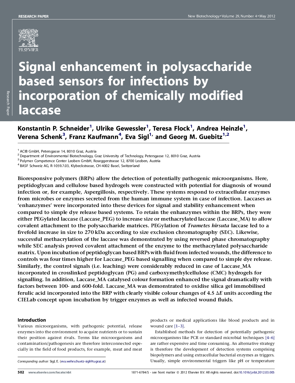 Signal enhancement in polysaccharide based sensors for infections by incorporation of chemically modified laccase