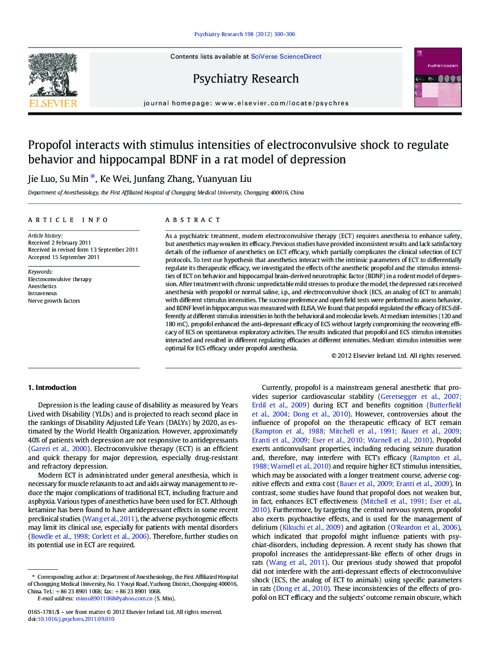 Propofol interacts with stimulus intensities of electroconvulsive shock to regulate behavior and hippocampal BDNF in a rat model of depression