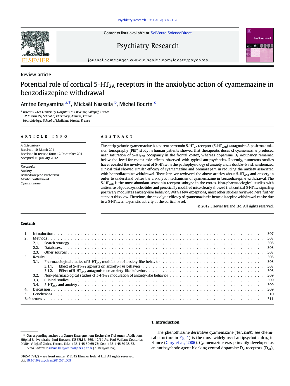 Potential role of cortical 5-HT2A receptors in the anxiolytic action of cyamemazine in benzodiazepine withdrawal