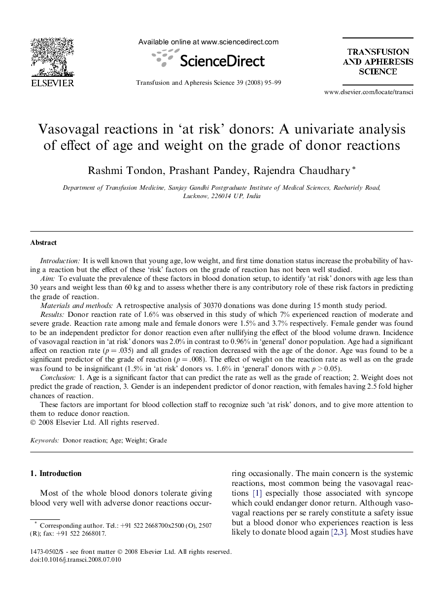 Vasovagal reactions in ‘at risk’ donors: A univariate analysis of effect of age and weight on the grade of donor reactions