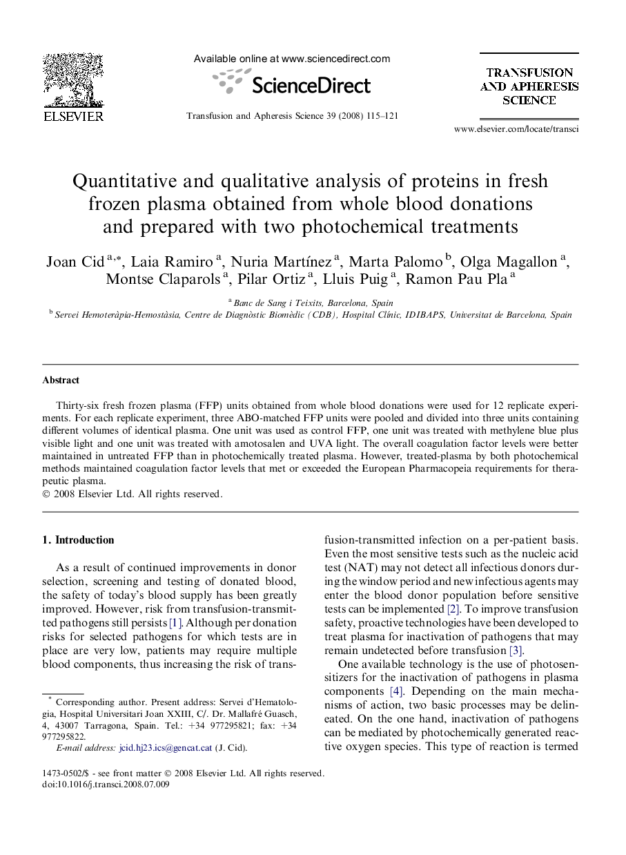 Quantitative and qualitative analysis of proteins in fresh frozen plasma obtained from whole blood donations and prepared with two photochemical treatments