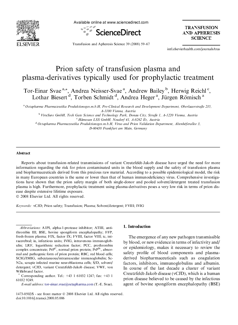 Prion safety of transfusion plasma and plasma-derivatives typically used for prophylactic treatment