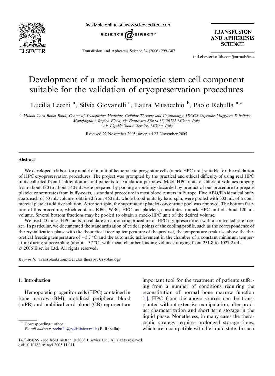 Development of a mock hemopoietic stem cell component suitable for the validation of cryopreservation procedures