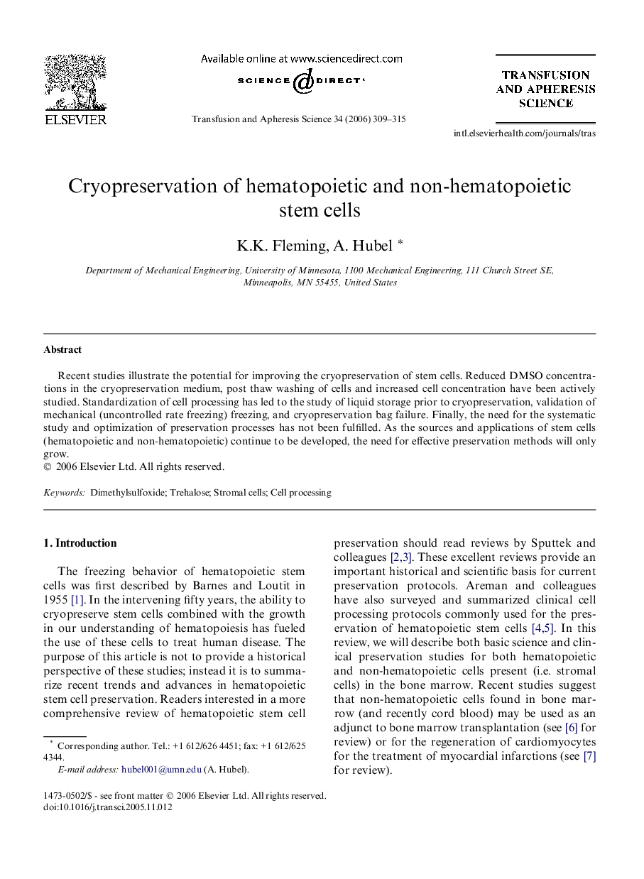 Cryopreservation of hematopoietic and non-hematopoietic stem cells