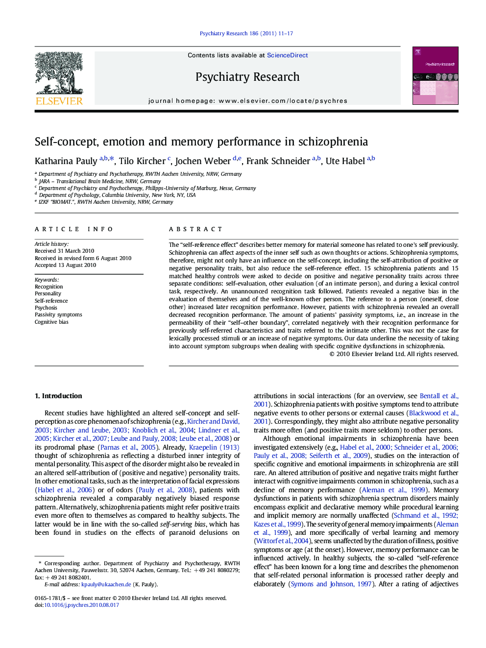 Self-concept, emotion and memory performance in schizophrenia