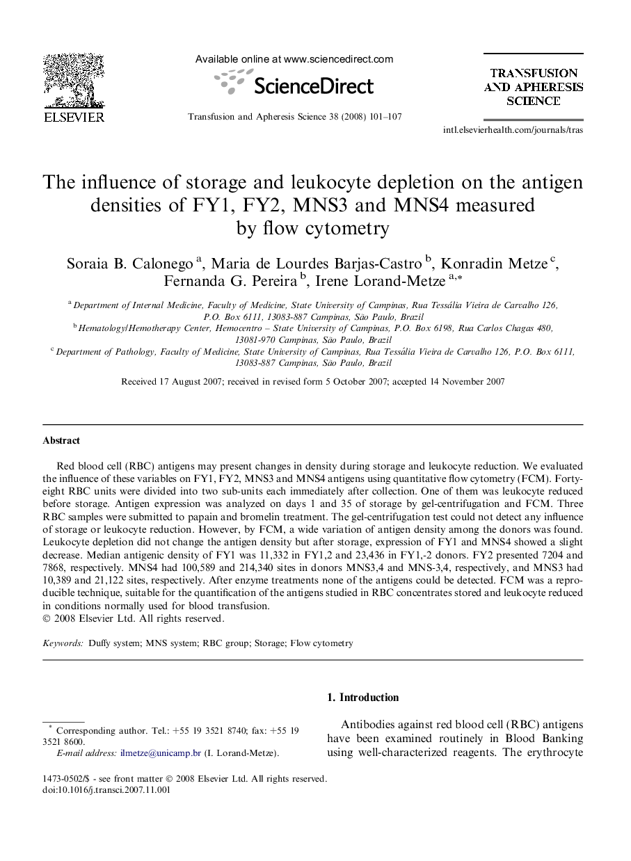 The influence of storage and leukocyte depletion on the antigen densities of FY1, FY2, MNS3 and MNS4 measured by flow cytometry