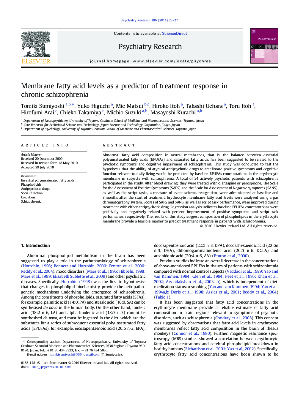 Membrane fatty acid levels as a predictor of treatment response in chronic schizophrenia