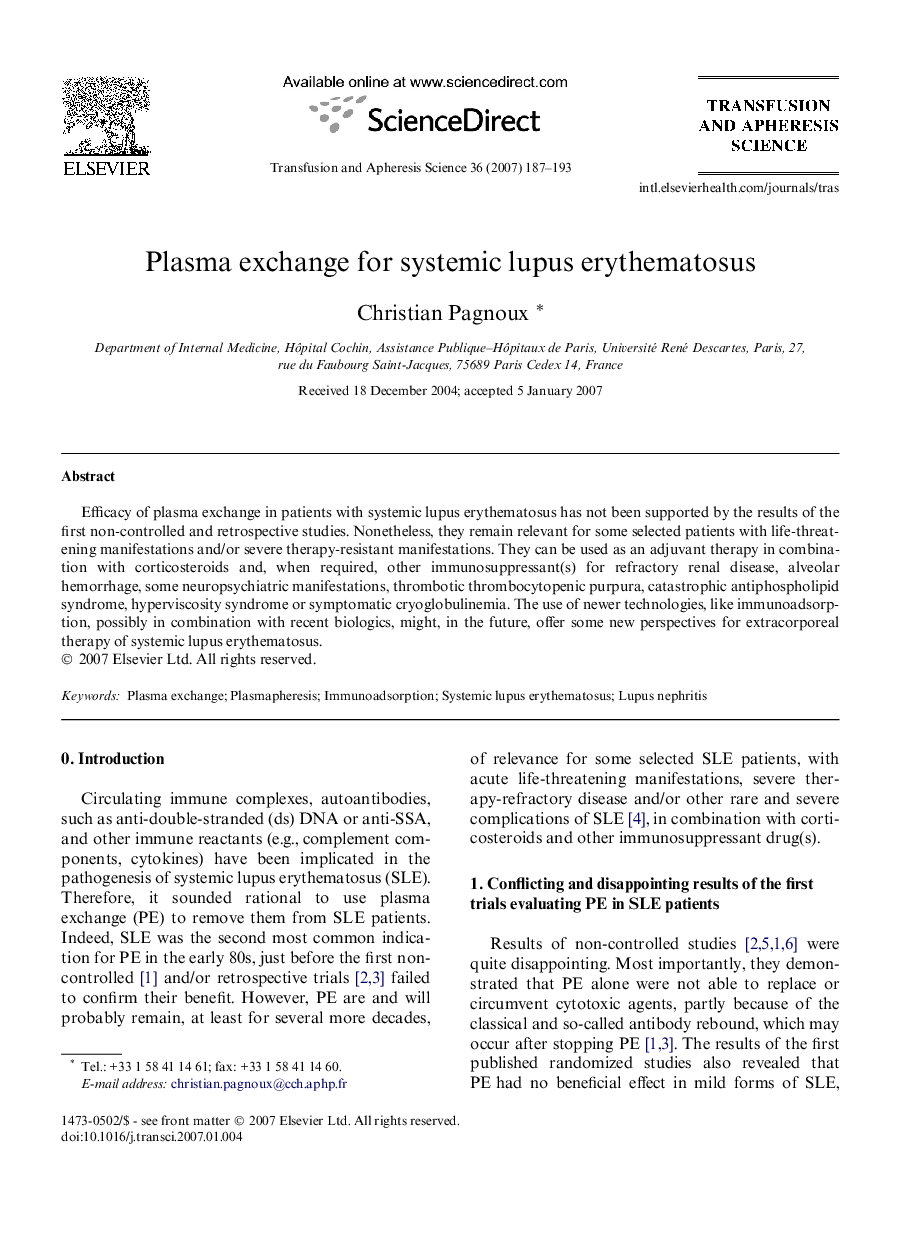 Plasma exchange for systemic lupus erythematosus