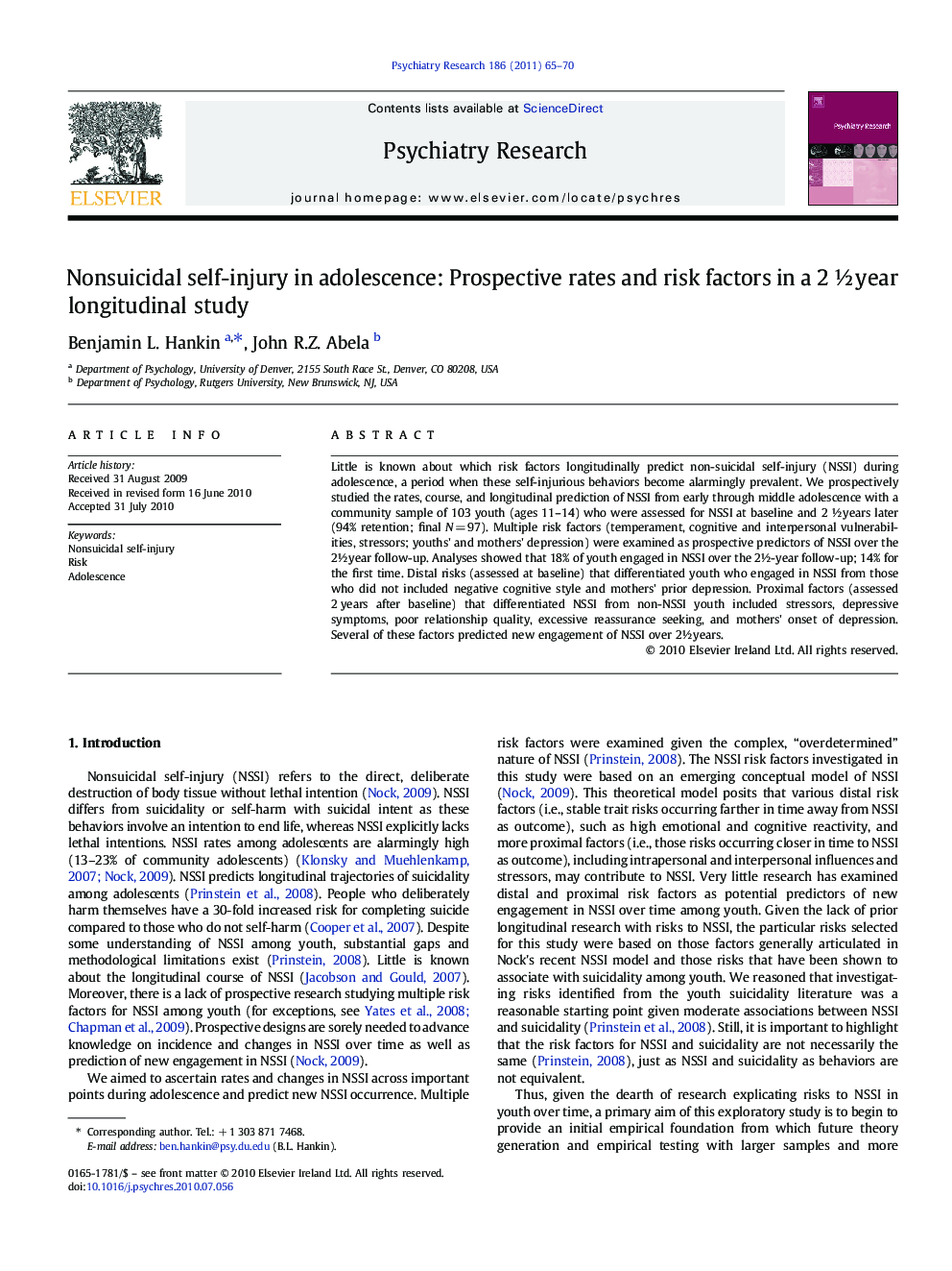 Nonsuicidal self-injury in adolescence: Prospective rates and risk factors in a 2 ½ year longitudinal study