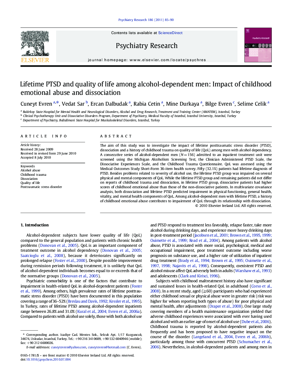 Lifetime PTSD and quality of life among alcohol-dependent men: Impact of childhood emotional abuse and dissociation