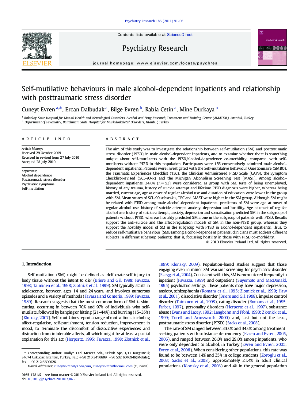 Self-mutilative behaviours in male alcohol-dependent inpatients and relationship with posttraumatic stress disorder