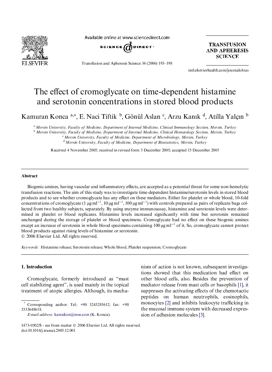 The effect of cromoglycate on time-dependent histamine and serotonin concentrations in stored blood products