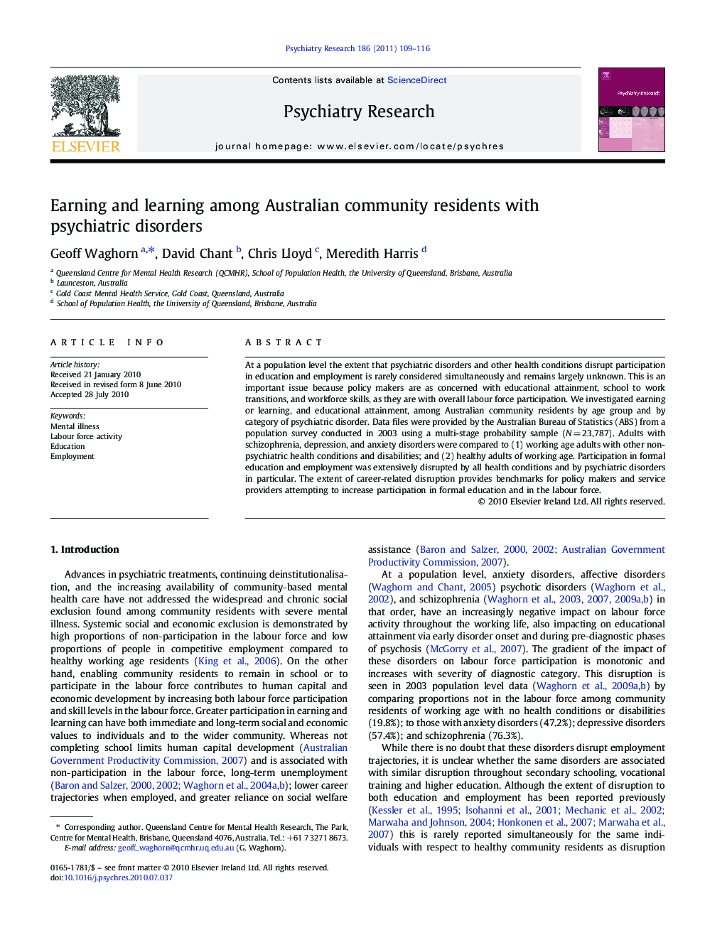 Earning and learning among Australian community residents with psychiatric disorders