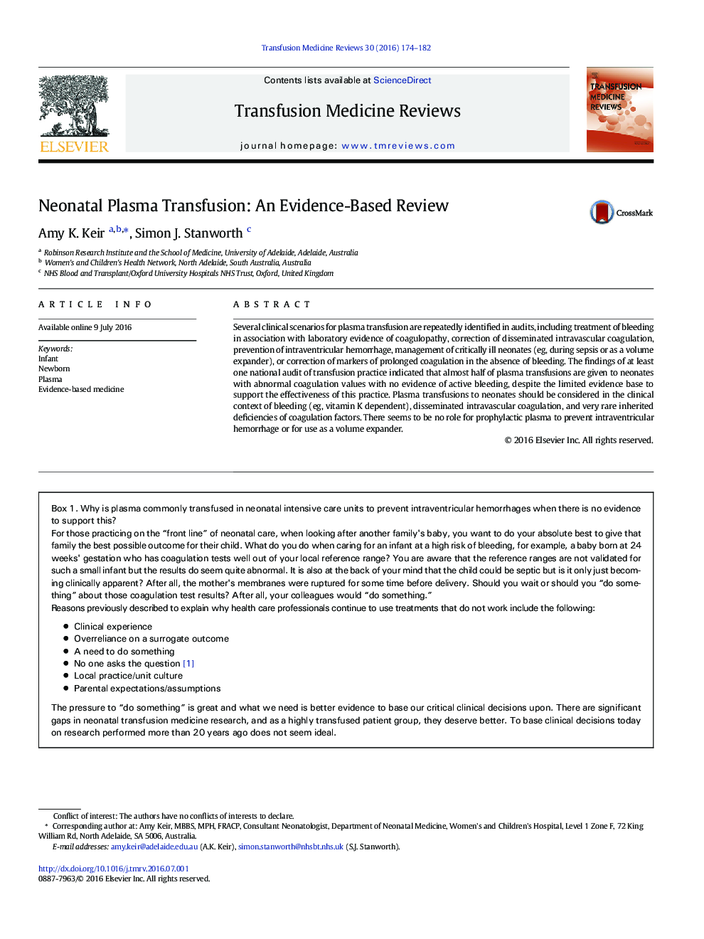 Neonatal Plasma Transfusion: An Evidence-Based Review 