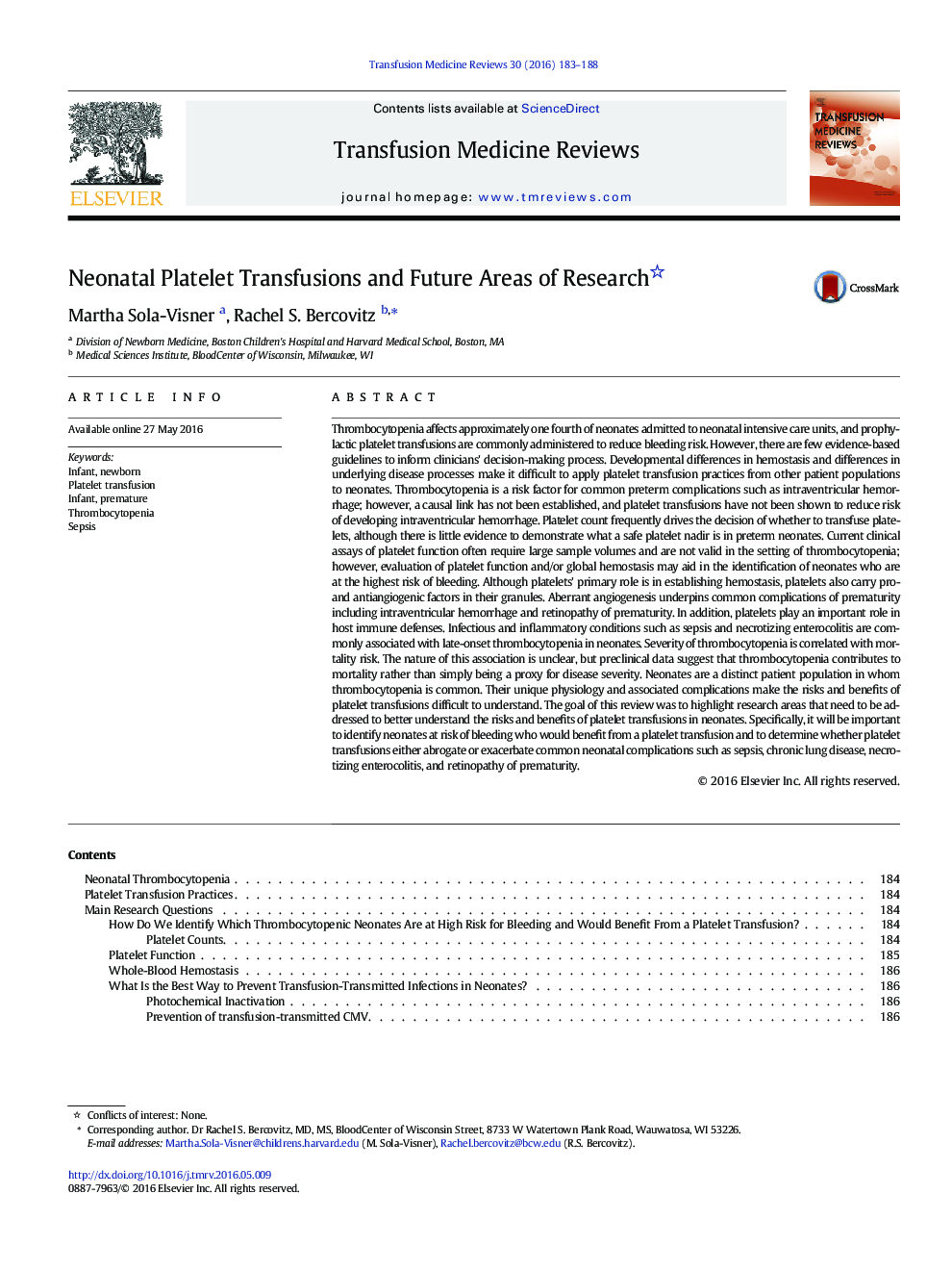 Neonatal Platelet Transfusions and Future Areas of Research 