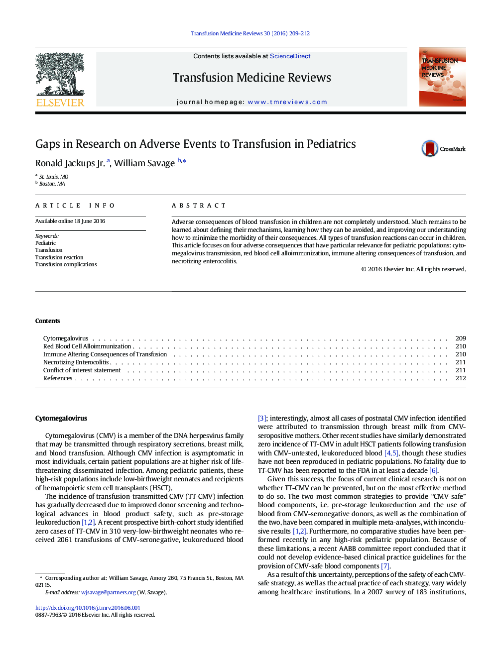 Gaps in Research on Adverse Events to Transfusion in Pediatrics