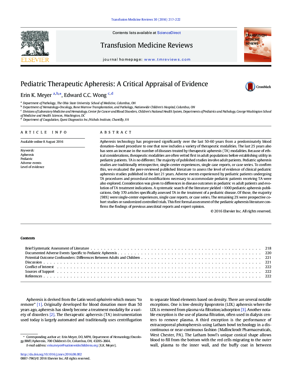 Pediatric Therapeutic Apheresis: A Critical Appraisal of Evidence