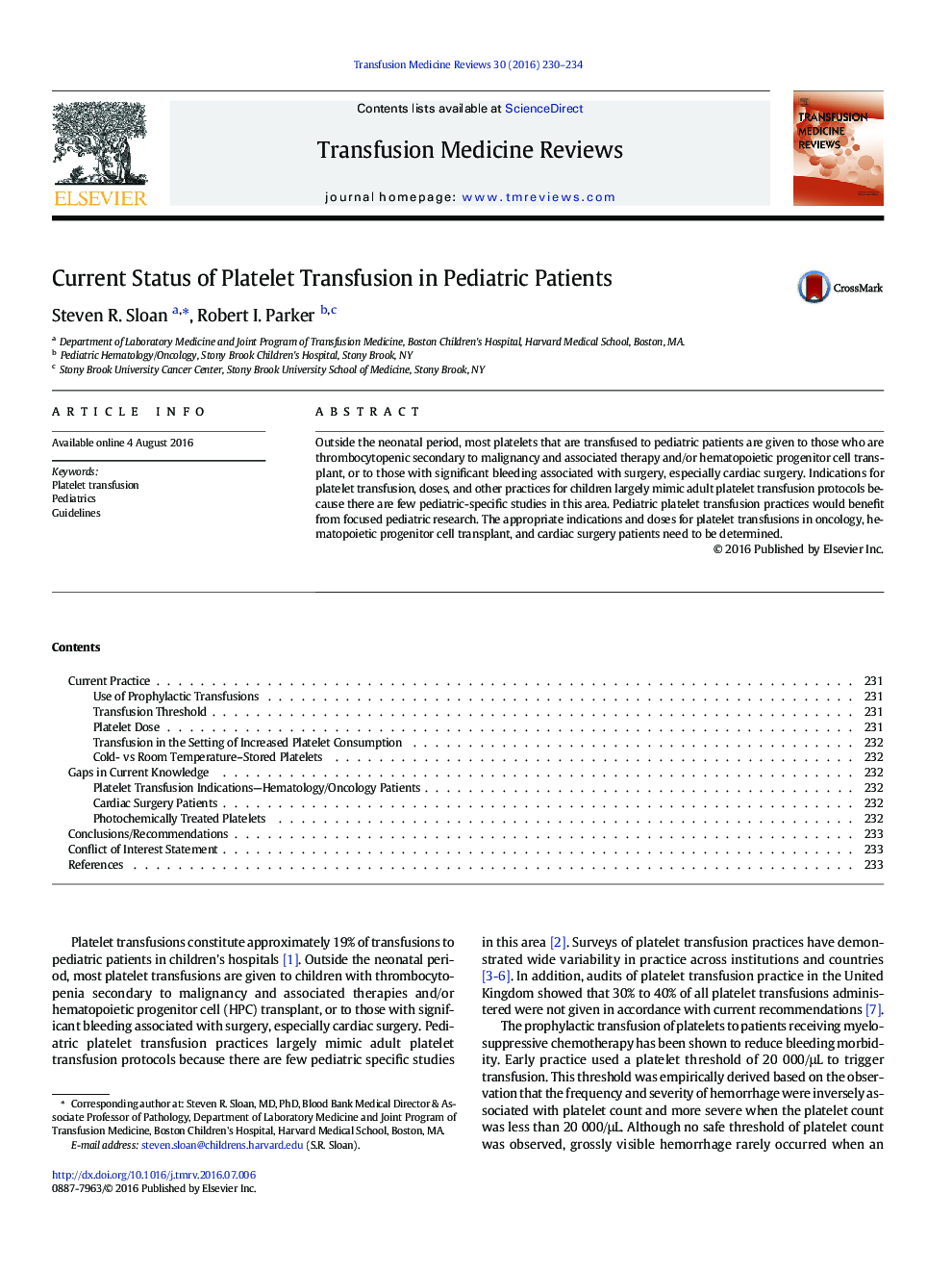 Current Status of Platelet Transfusion in Pediatric Patients