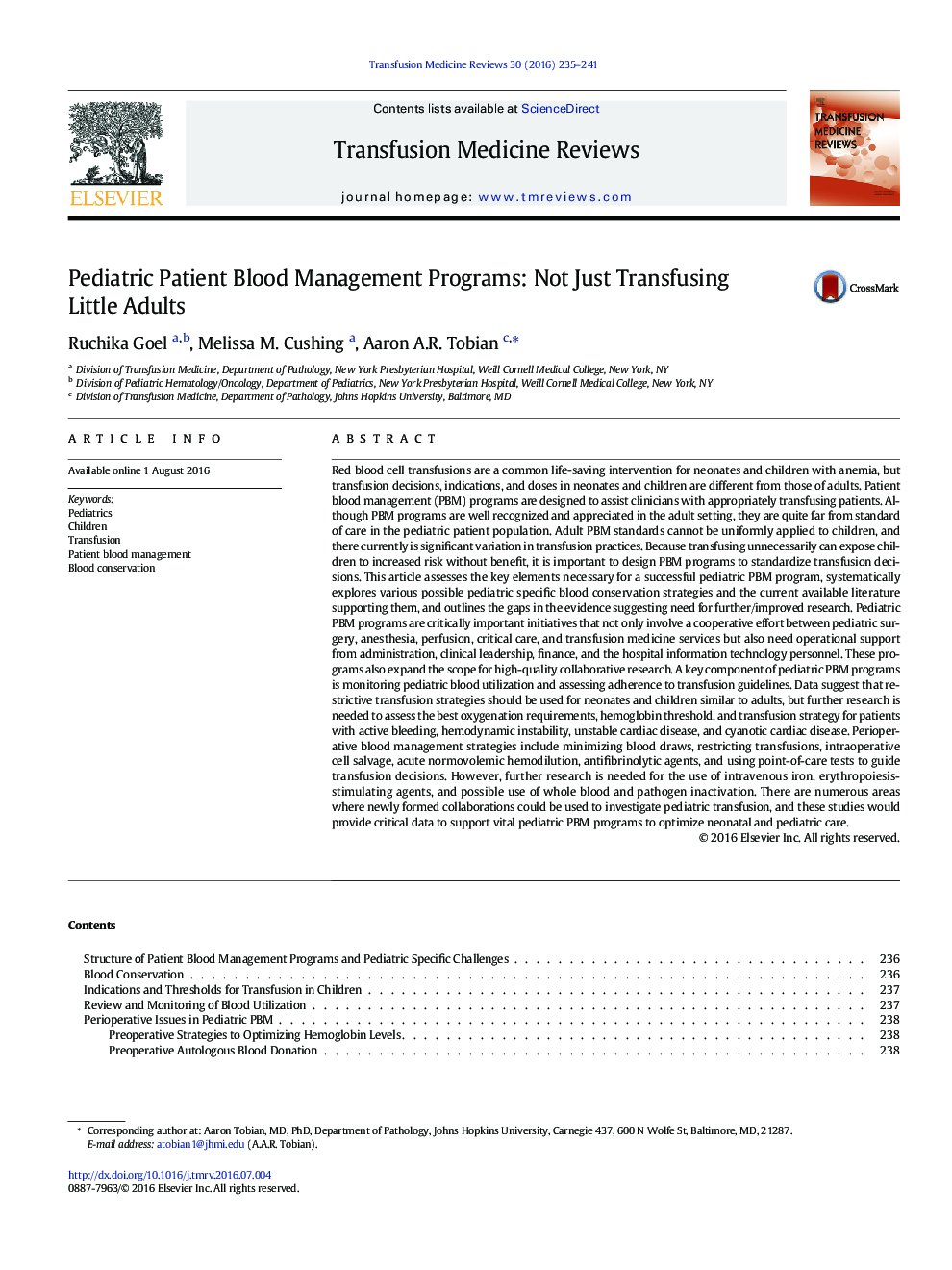 Pediatric Patient Blood Management Programs: Not Just Transfusing Little Adults