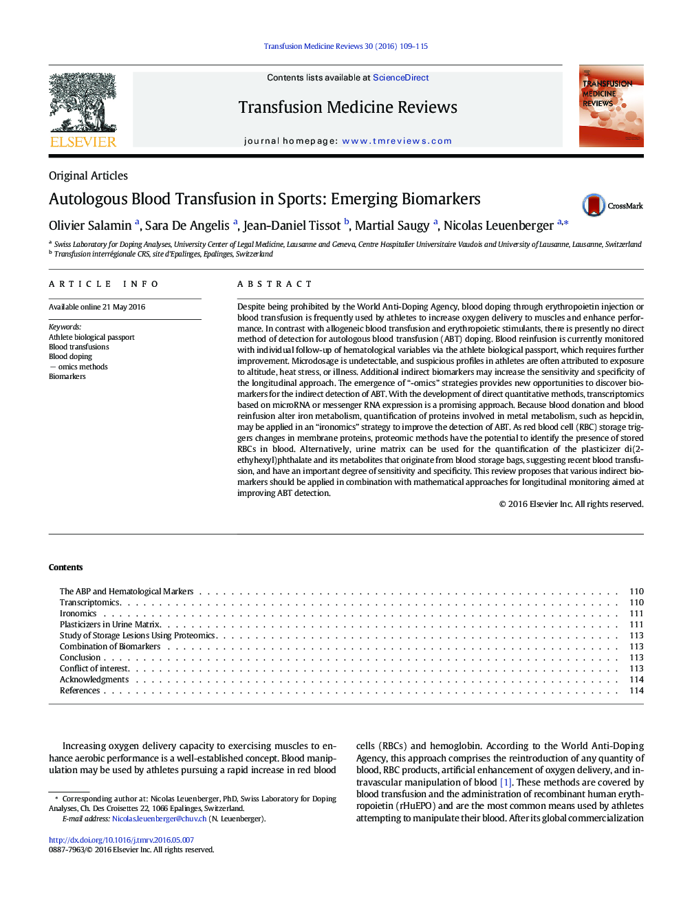 Autologous Blood Transfusion in Sports: Emerging Biomarkers