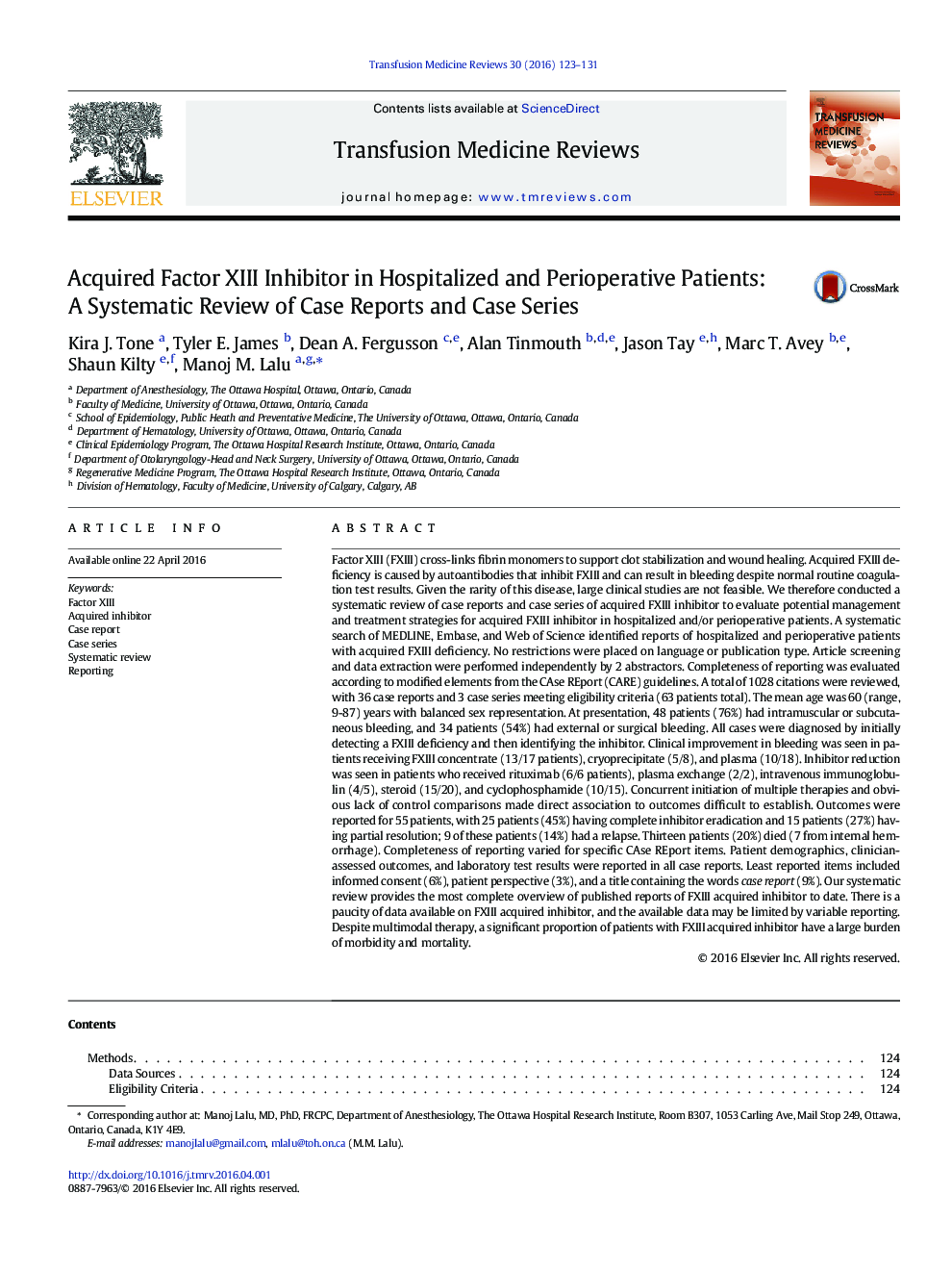 Acquired Factor XIII Inhibitor in Hospitalized and Perioperative Patients: A Systematic Review of Case Reports and Case Series