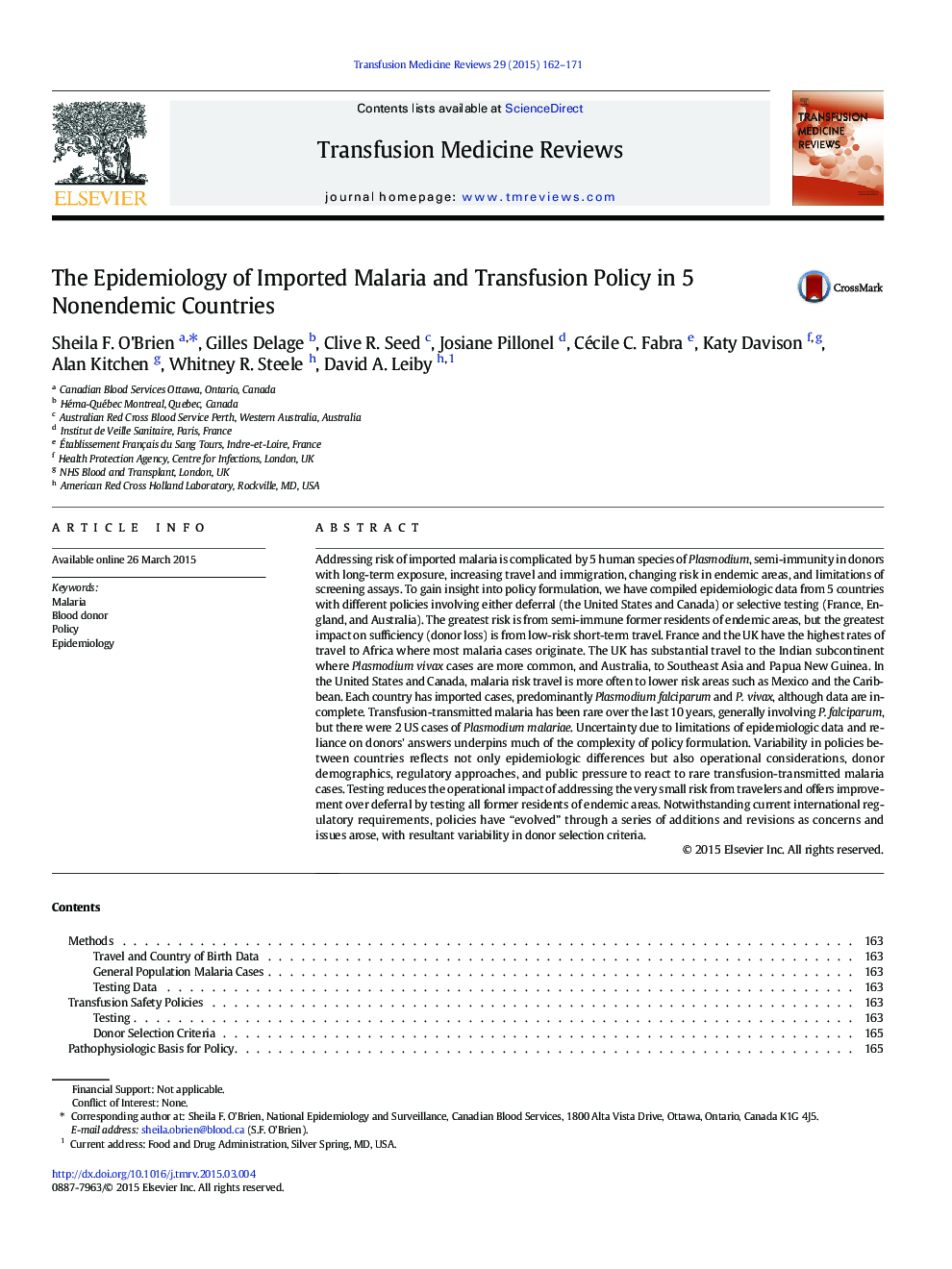 The Epidemiology of Imported Malaria and Transfusion Policy in 5 Nonendemic Countries 