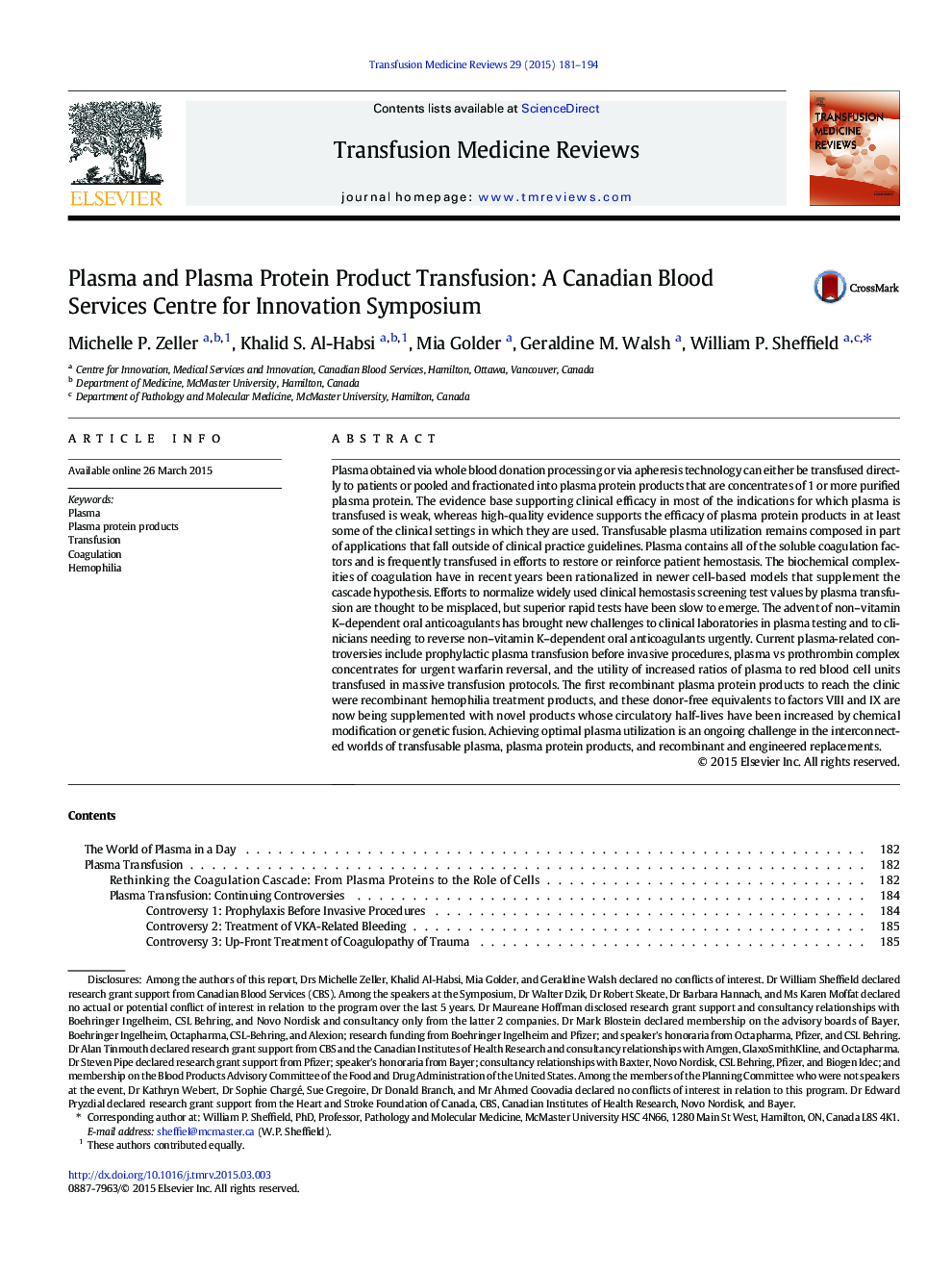 Plasma and Plasma Protein Product Transfusion: A Canadian Blood Services Centre for Innovation Symposium 