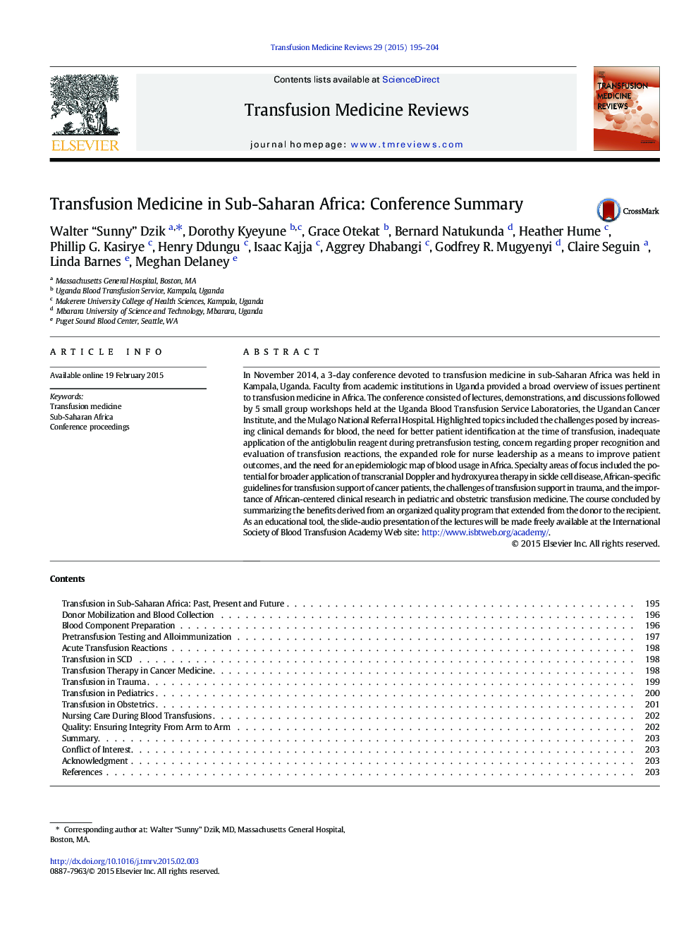 Transfusion Medicine in Sub-Saharan Africa: Conference Summary