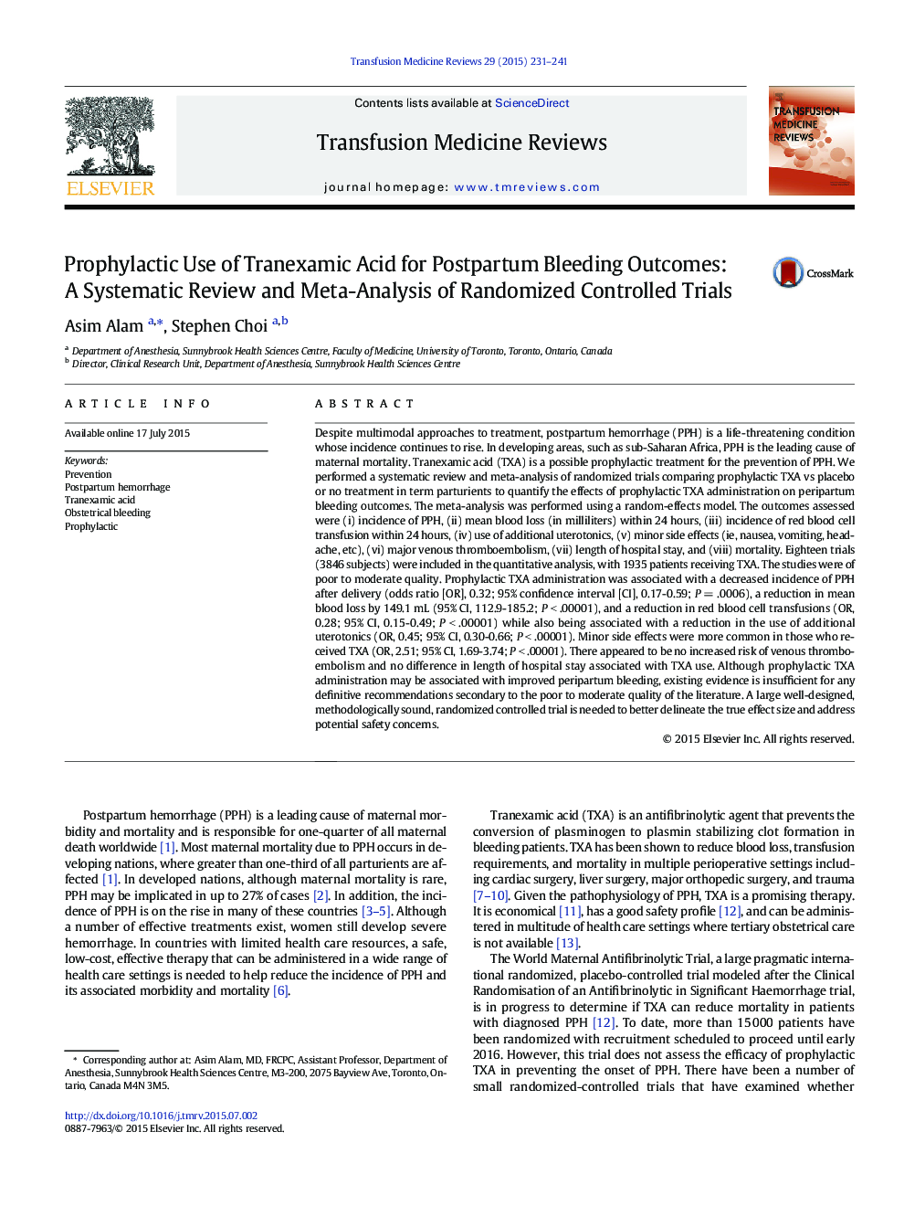 Prophylactic Use of Tranexamic Acid for Postpartum Bleeding Outcomes: A Systematic Review and Meta-Analysis of Randomized Controlled Trials