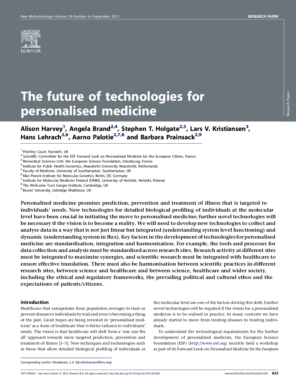 عکس صفحه اول مقاله: The future of technologies for personalised medicine The future of technologies for personalised medicine