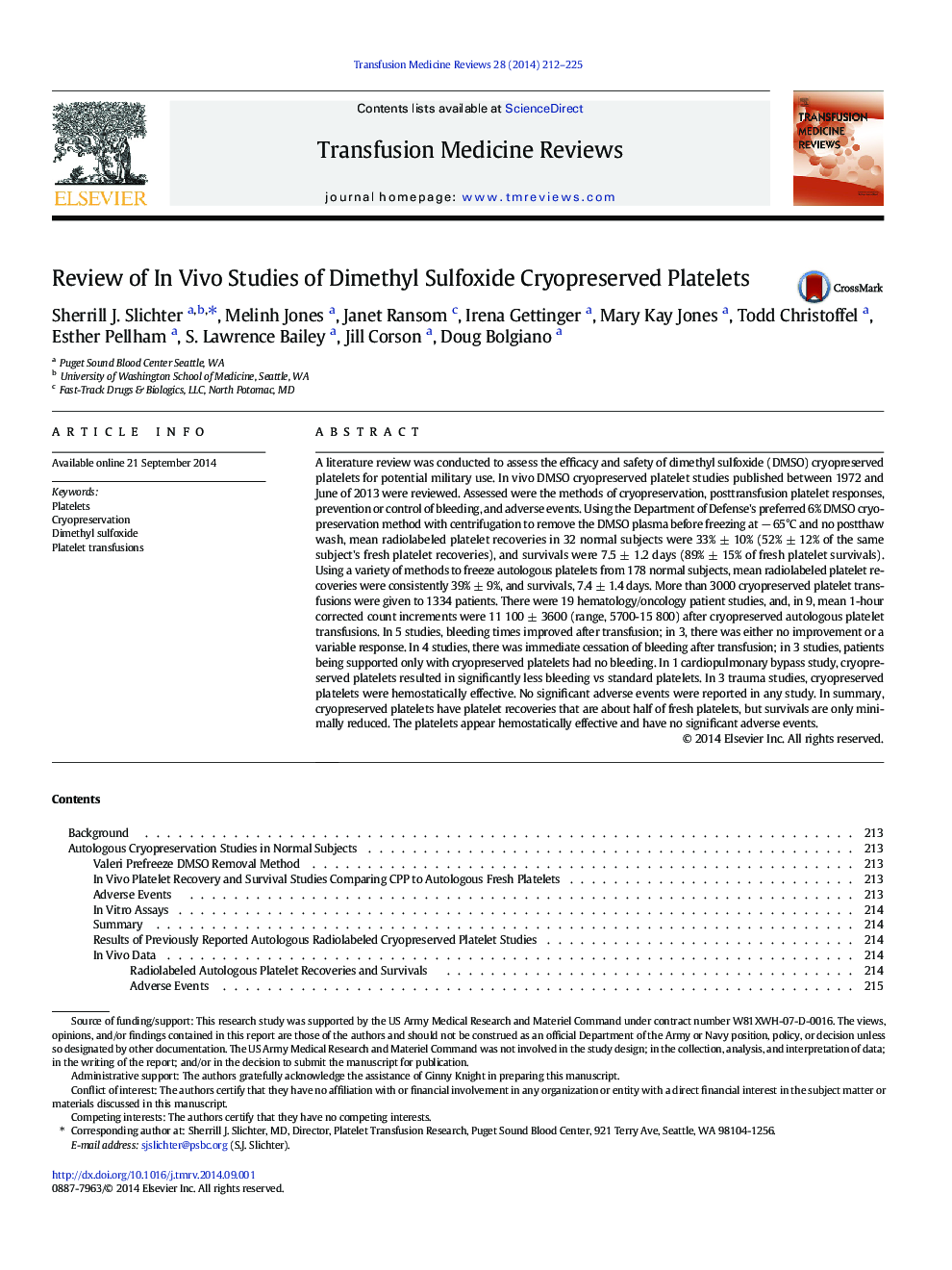 Review of In Vivo Studies of Dimethyl Sulfoxide Cryopreserved Platelets 