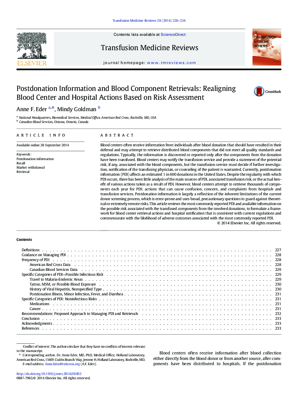 Postdonation Information and Blood Component Retrievals: Realigning Blood Center and Hospital Actions Based on Risk Assessment 