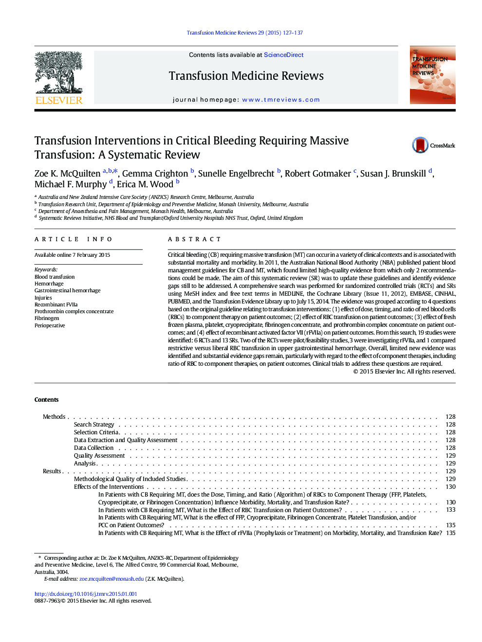 Transfusion Interventions in Critical Bleeding Requiring Massive Transfusion: A Systematic Review