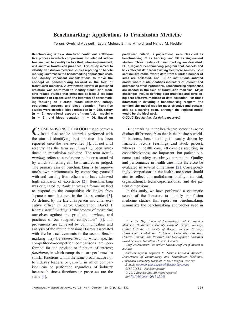 Benchmarking: Applications to Transfusion Medicine 