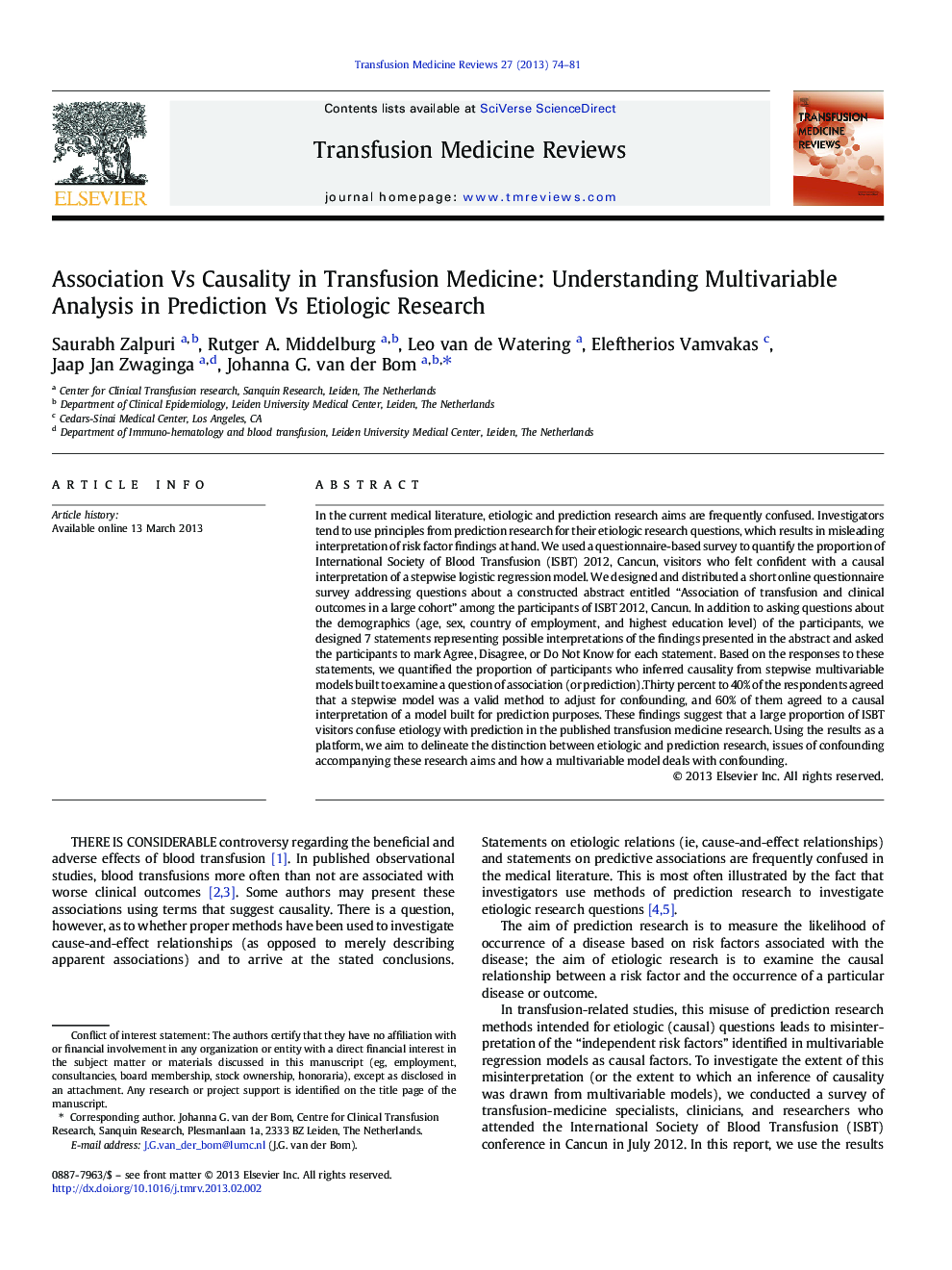 Association Vs Causality in Transfusion Medicine: Understanding Multivariable Analysis in Prediction Vs Etiologic Research 