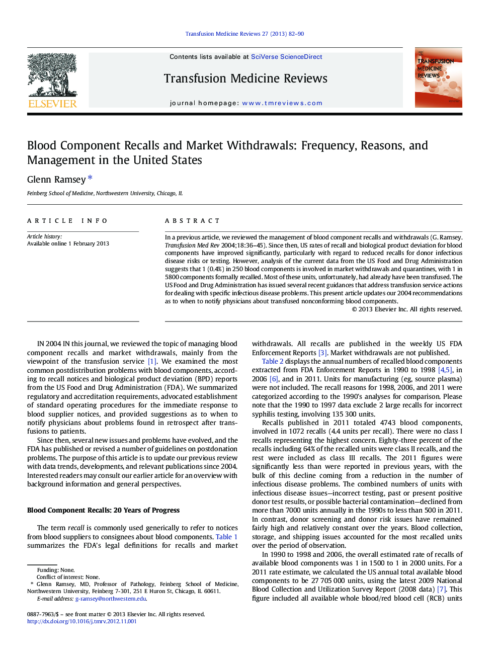 Blood Component Recalls and Market Withdrawals: Frequency, Reasons, and Management in the United States 