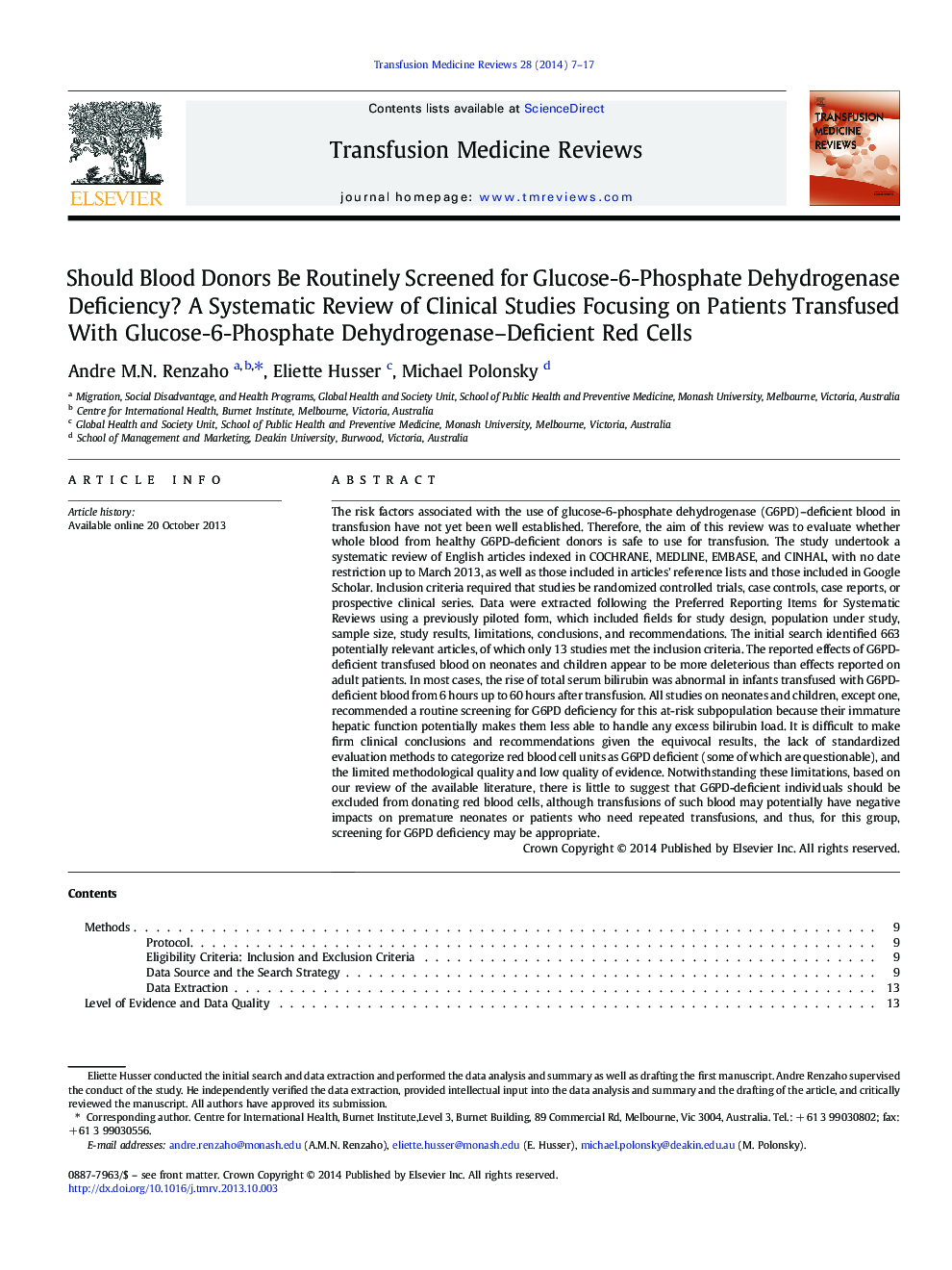 Should Blood Donors Be Routinely Screened for Glucose-6-Phosphate Dehydrogenase Deficiency? A Systematic Review of Clinical Studies Focusing on Patients Transfused With Glucose-6-Phosphate Dehydrogenase–Deficient Red Cells 