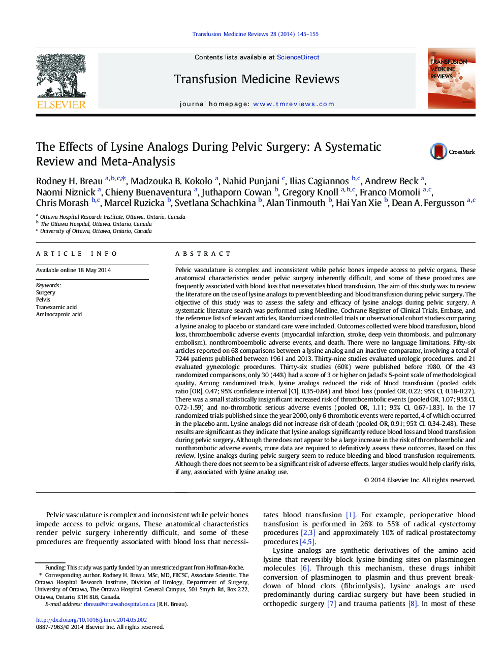 The Effects of Lysine Analogs During Pelvic Surgery: A Systematic Review and Meta-Analysis 