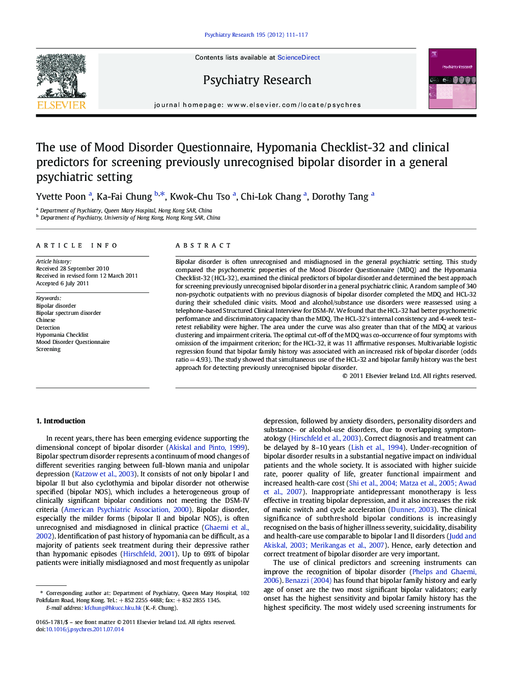 The use of Mood Disorder Questionnaire, Hypomania Checklist-32 and clinical predictors for screening previously unrecognised bipolar disorder in a general psychiatric setting