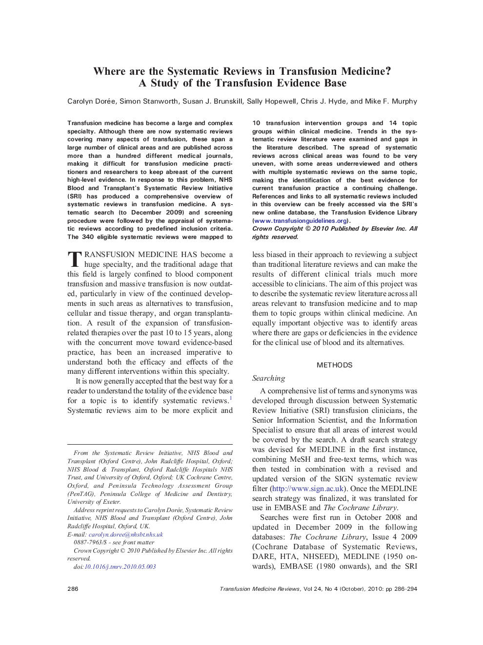 Where are the Systematic Reviews in Transfusion Medicine? A Study of the Transfusion Evidence Base