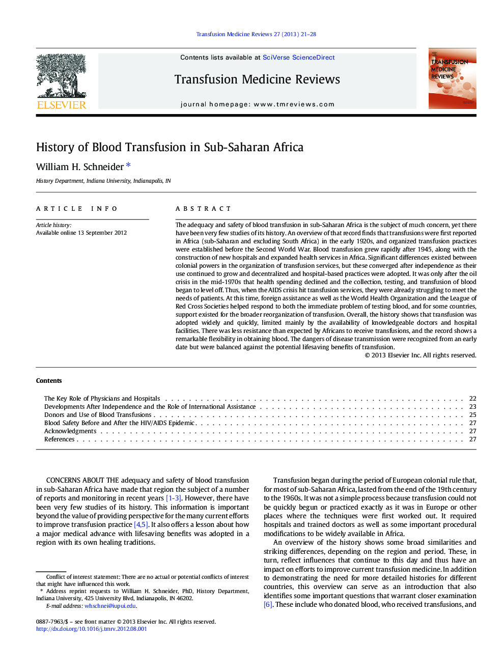 History of Blood Transfusion in Sub-Saharan Africa 