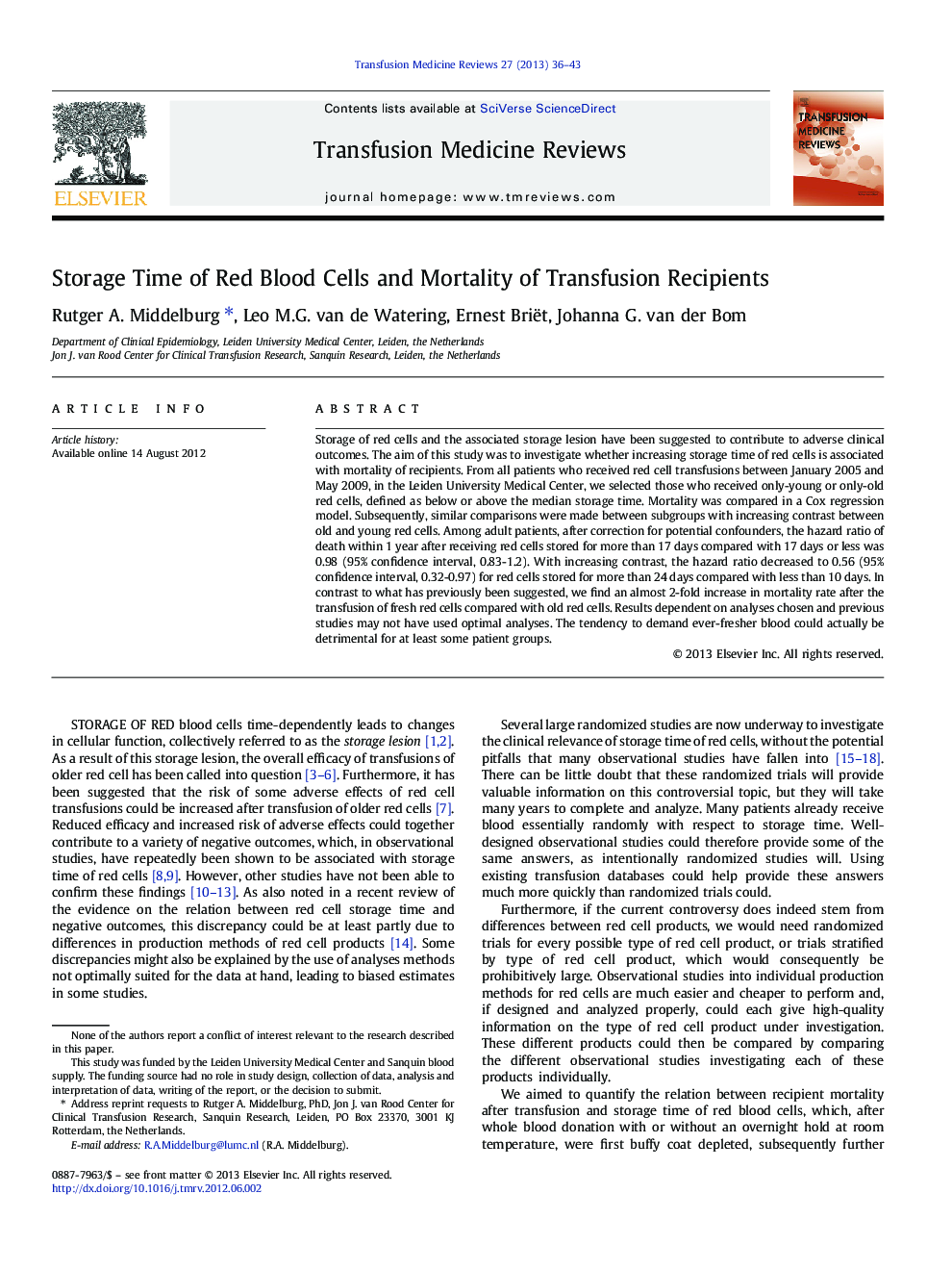 Storage Time of Red Blood Cells and Mortality of Transfusion Recipients 