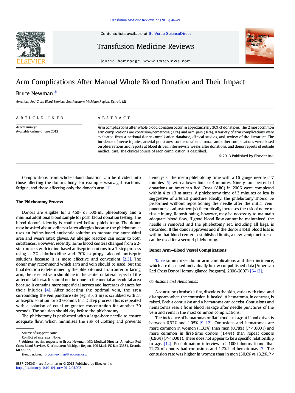 Arm Complications After Manual Whole Blood Donation and Their Impact 