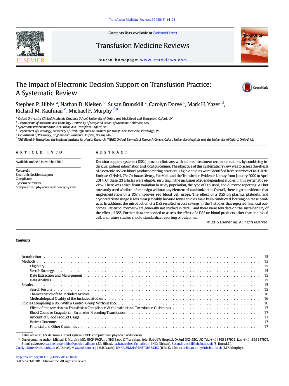 The Impact of Electronic Decision Support on Transfusion Practice: A Systematic Review