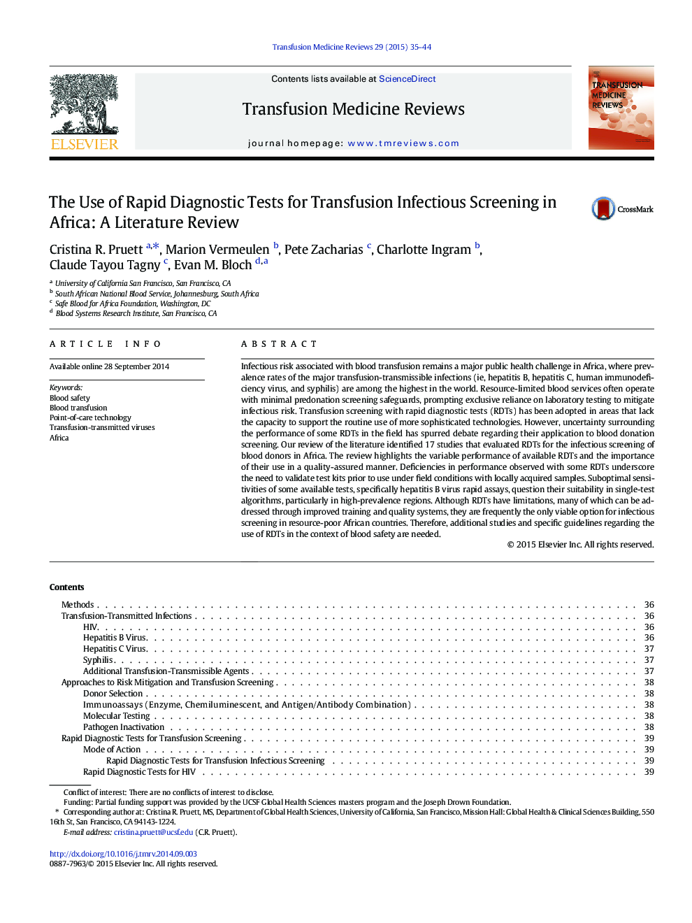 The Use of Rapid Diagnostic Tests for Transfusion Infectious Screening in Africa: A Literature Review 