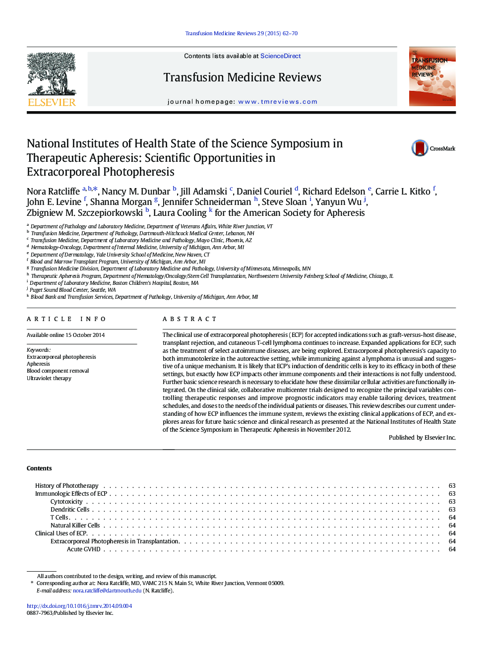 National Institutes of Health State of the Science Symposium in Therapeutic Apheresis: Scientific Opportunities in Extracorporeal Photopheresis 