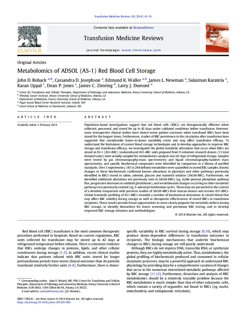 Metabolomics of ADSOL (AS-1) Red Blood Cell Storage